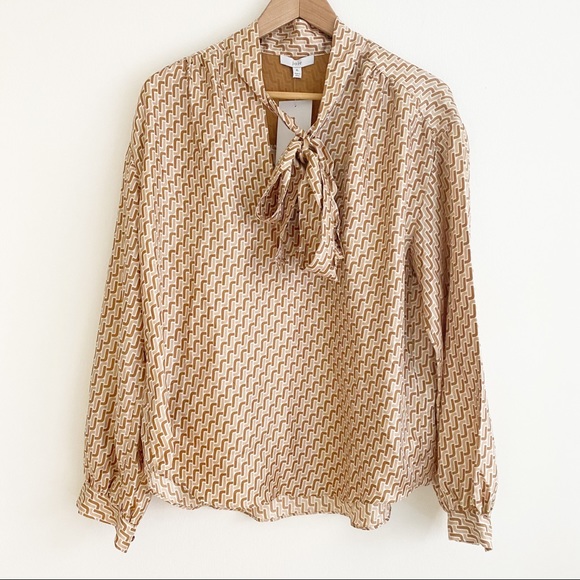 Joie Joslin Bow Tie Silk Blouse Chain Print Oak Tan XL NWT - Picture 3 of 13